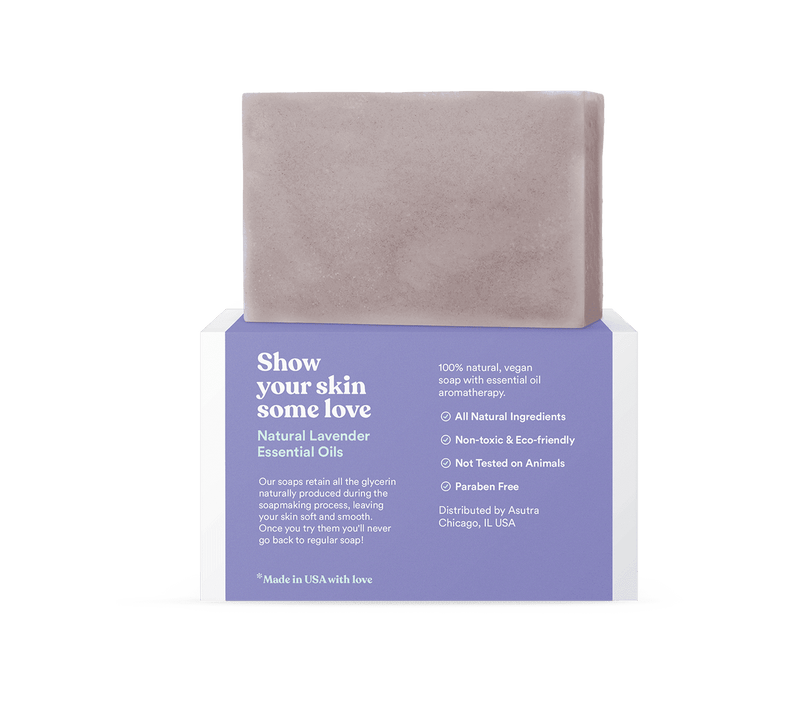 A lavender-colored bar soap on a purple and white box labeled "Stress Relief Bar Soap" with natural ingredients and essential oils.
