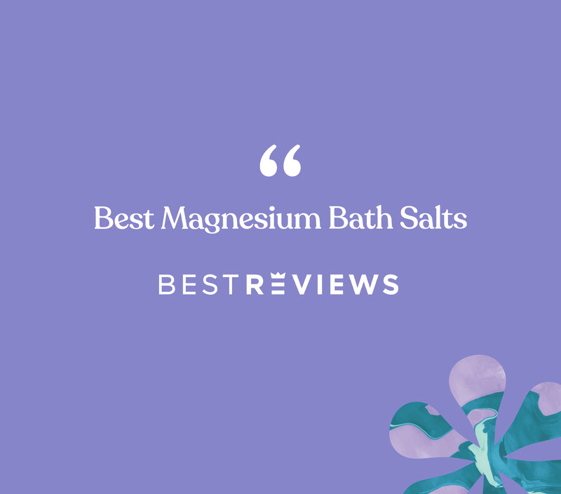 Image showcasing lavender magnesium flakes with a purple background and a decorative purple and green plant in the corner.