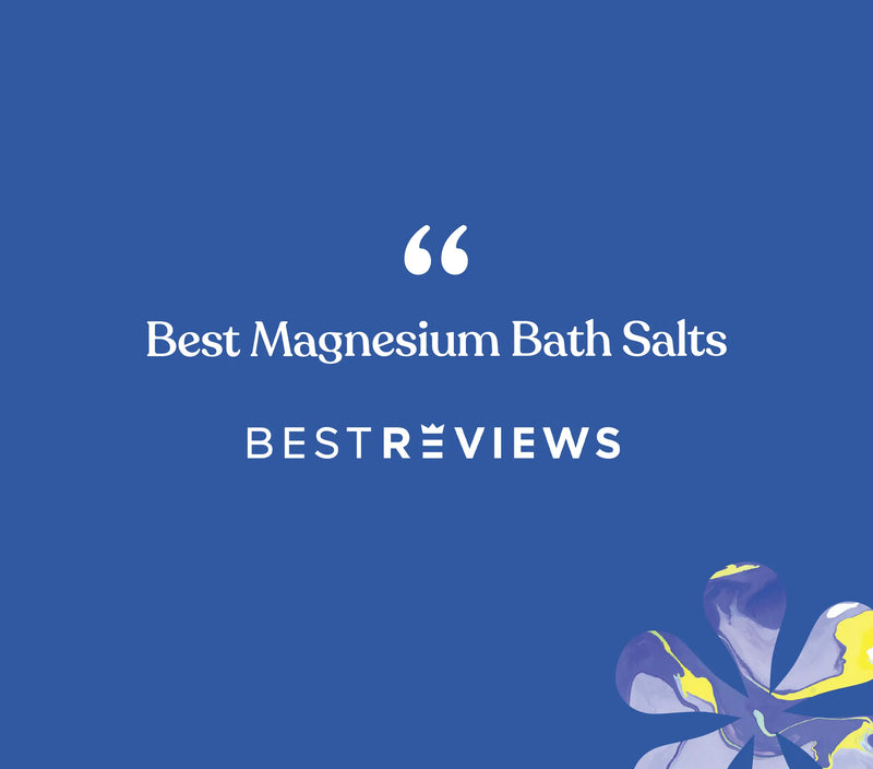 Blue background with white text reading "Best Magnesium Bath Salts" and "Best Reviews," featuring a purple and yellow flower illustration.