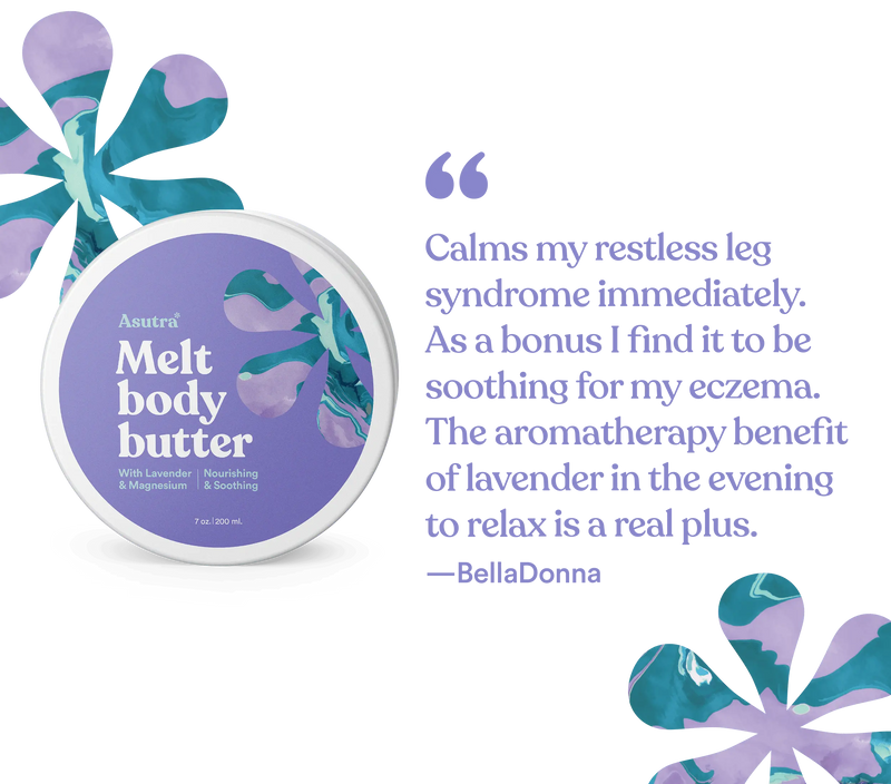 A round container of lavender body butter with a purple label featuring abstract floral designs, alongside a customer testimonial quote.