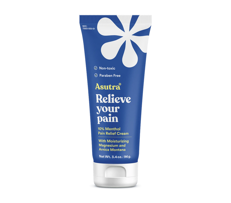 Blue tube of Asutra Magnesium Menthol Lotion with white flower design, labeled as 10% menthol pain relief, non-toxic, paraben-free.