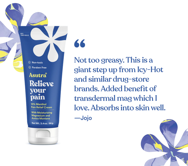 Blue tube of Asutra pain relief lotion with white flower design, featuring 10% menthol and magnesium, with decorative floral elements.