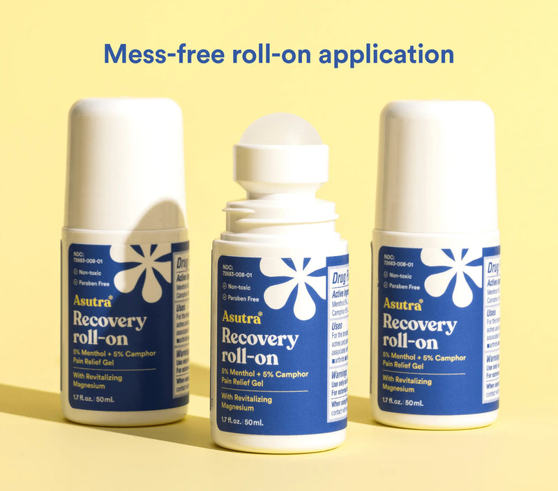 Three white roll-on bottles of Asutra Recovery Pain Relief Gel with blue labels, highlighting mess-free, fast-acting, targeted pain relief.
