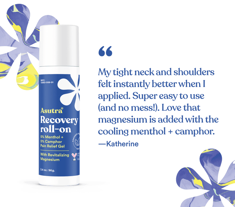 Recovery Roll-On with Magnesium for targeted pain relief, featuring menthol and camphor for a cooling effect.