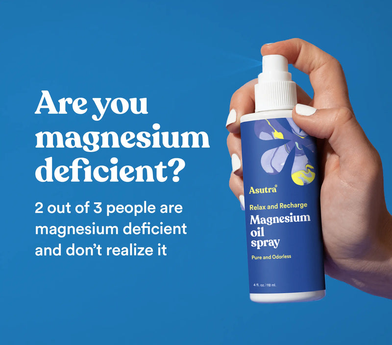 A hand holding a blue bottle of magnesium oil spray with a spray nozzle, set against a blue background with promotional text.