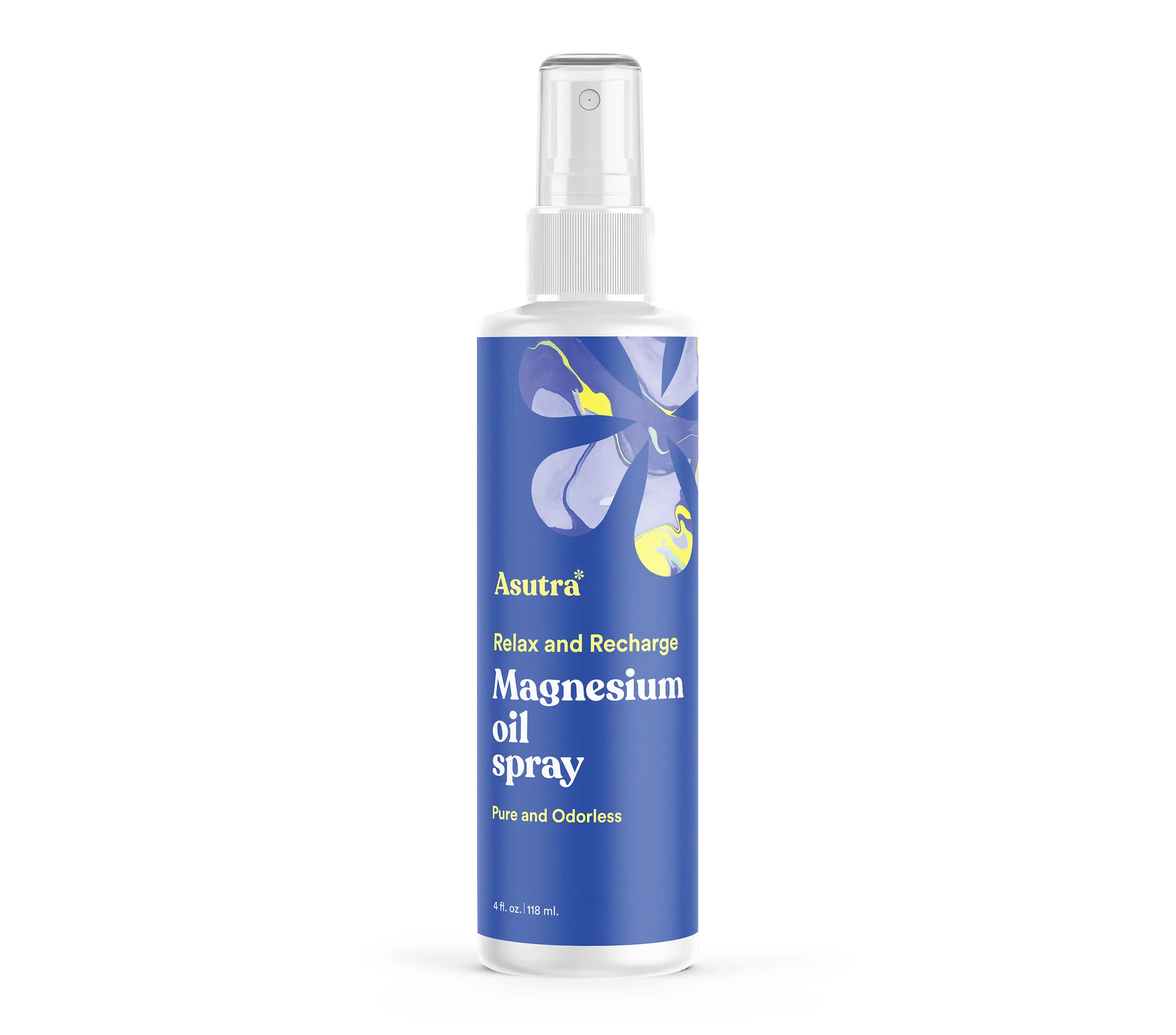 A white spray bottle with a blue label featuring a purple and yellow flower design, labeled "Magnesium oil spray" by Asutra.