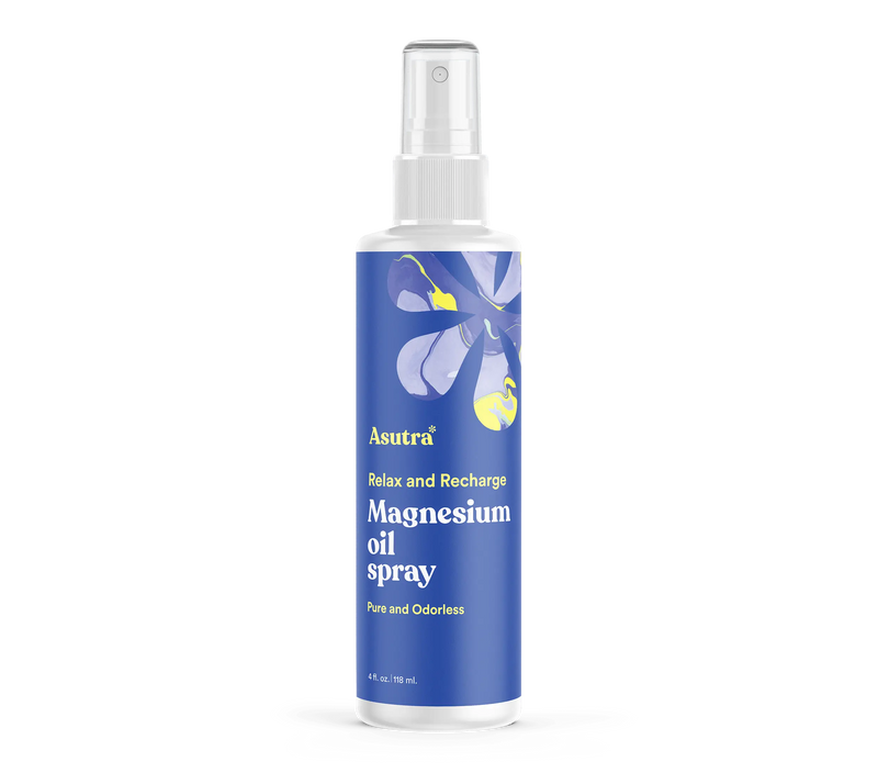 A white spray bottle with a blue label featuring a purple and yellow flower design, labeled "Magnesium oil spray" by Asutra.
