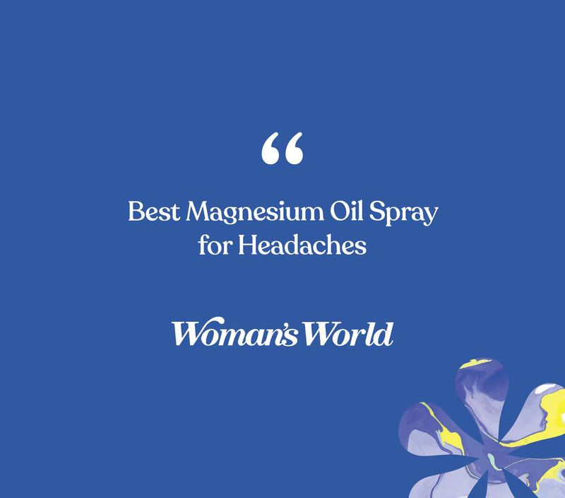 Blue background with white text praising magnesium oil spray for headaches, featuring a floral design in the bottom right corner.