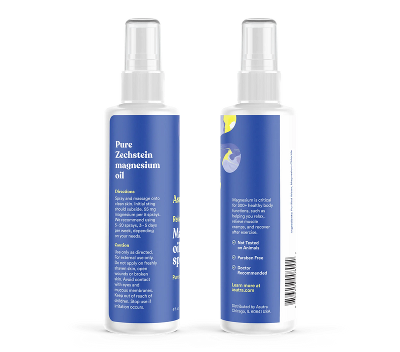 A white spray bottle labeled "Pure Zechstein magnesium oil" with a blue and yellow design, used for topical magnesium application.