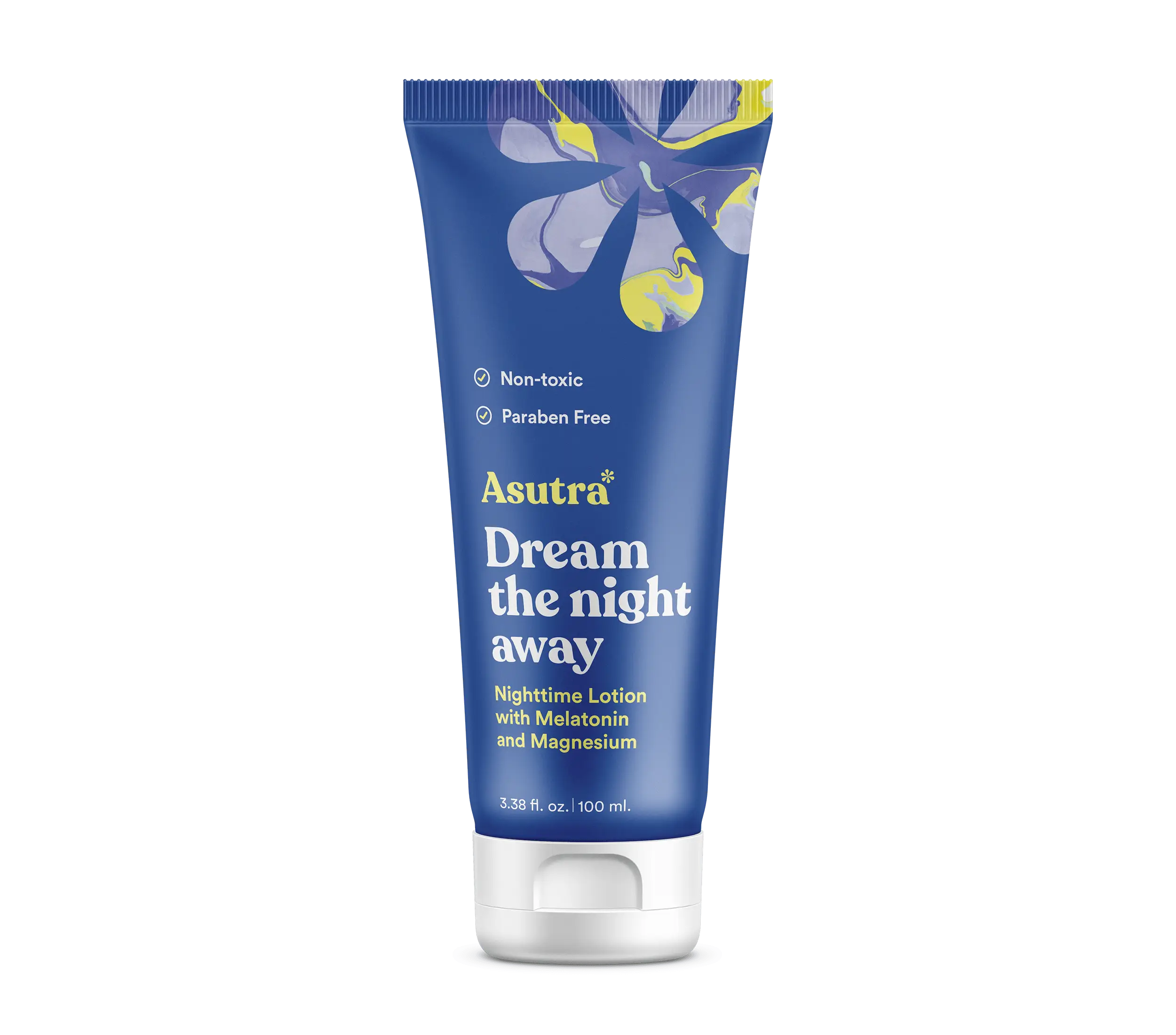 Blue tube of Asutra Dream the Night Away lotion with melatonin and magnesium, labeled non-toxic and paraben-free, for better sleep.
