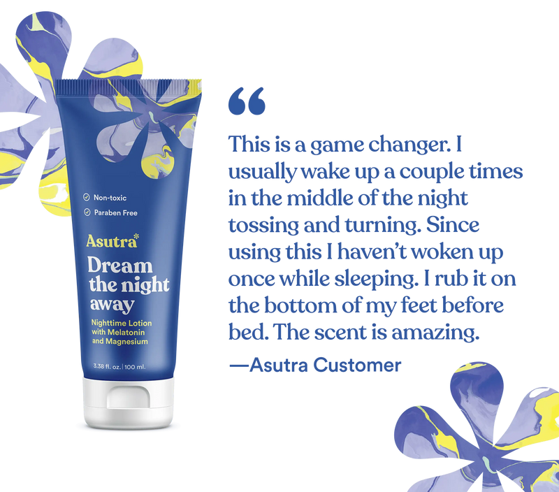 Blue melatonin lotion tube with yellow and purple floral design, alongside a customer testimonial about improved sleep.