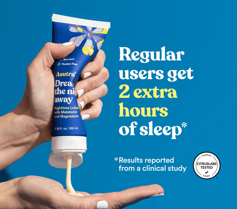 Hand holding blue tube of Melatonin Lotion with Magnesium, promoting 2 extra hours of sleep based on a clinical study.