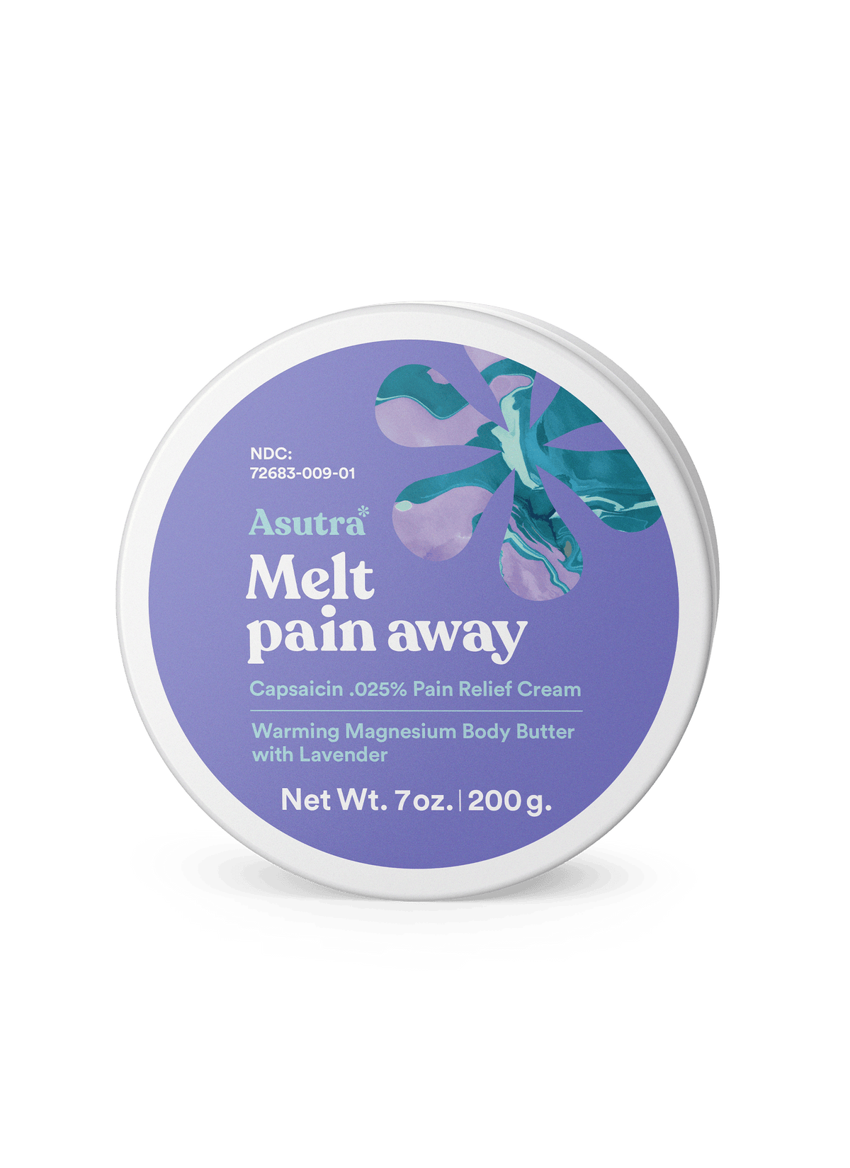 Melt Pain Away Magnesium and Capsaicin Balm in a round container, featuring a lavender scent for soothing pain relief.