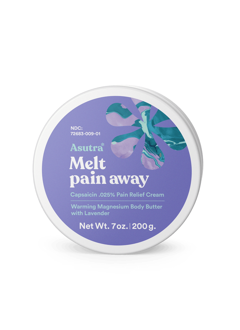 Melt Pain Away Magnesium and Capsaicin Balm in a round container, featuring a lavender scent for soothing pain relief.