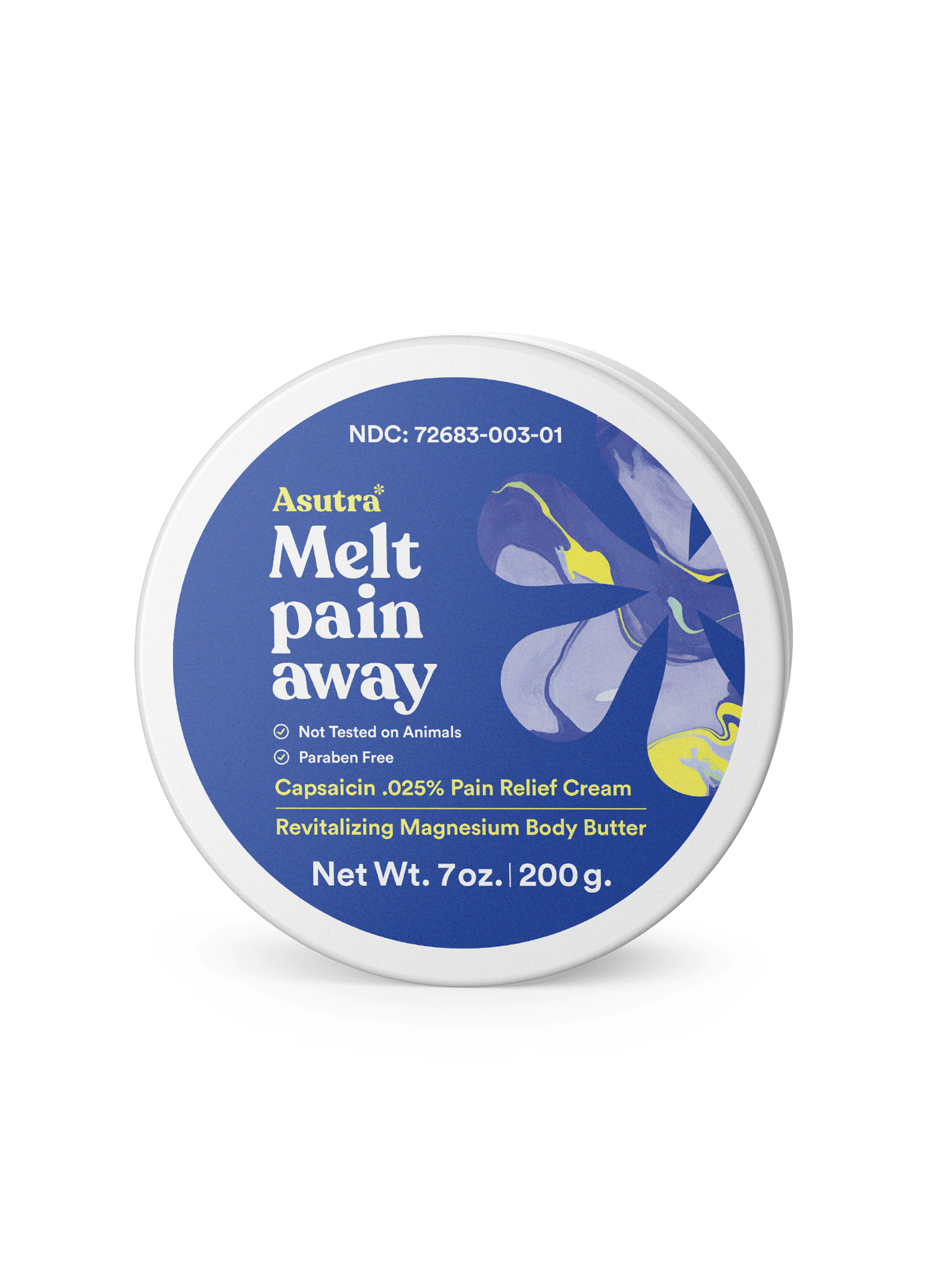 Top of a jar of Asutra Melt Pain Away magnesium body butter with capsaicin for warming pain relief.