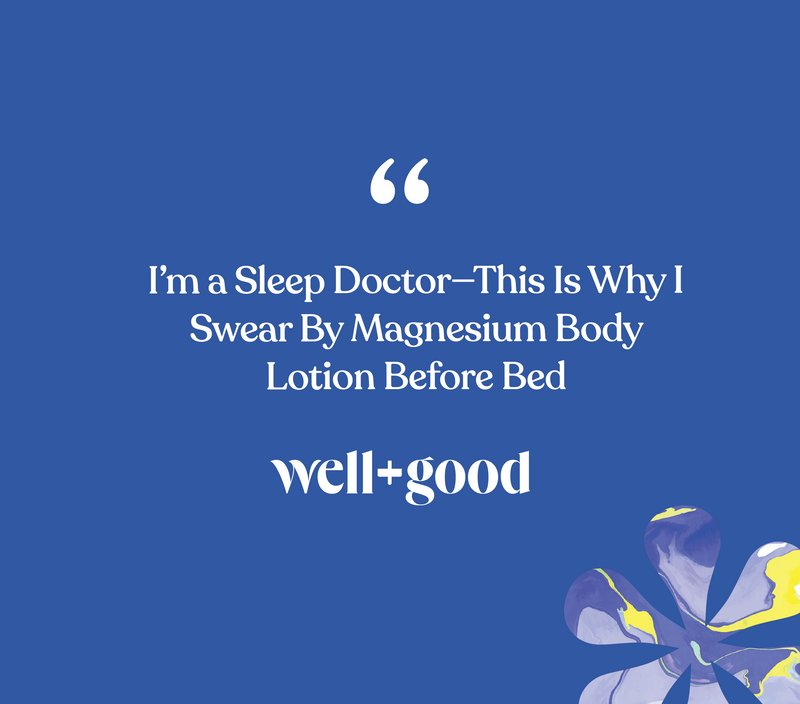 Quote about sleep and magnesium body butter with capsaicin on a blue background, with a floral design in the bottom right corner.