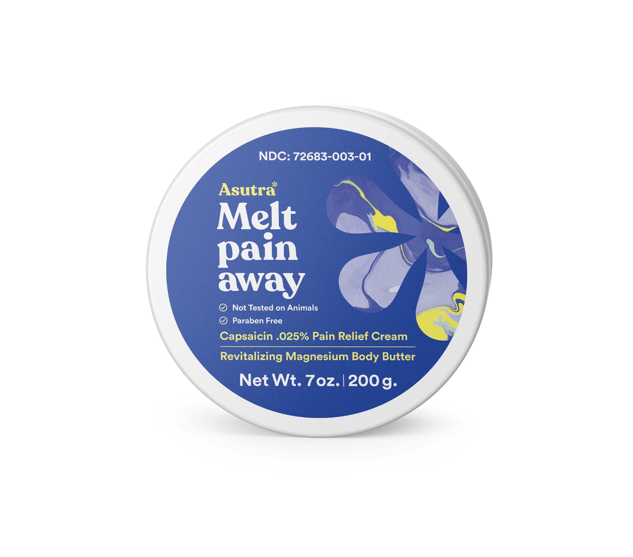 Round container of Asutra Magnesium Body Butter with Capsaicin, featuring a blue and yellow floral design on the label.