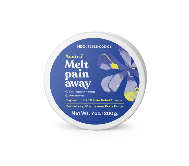 Round container of Asutra Magnesium Body Butter with Capsaicin, featuring a blue and yellow floral design on the label.
