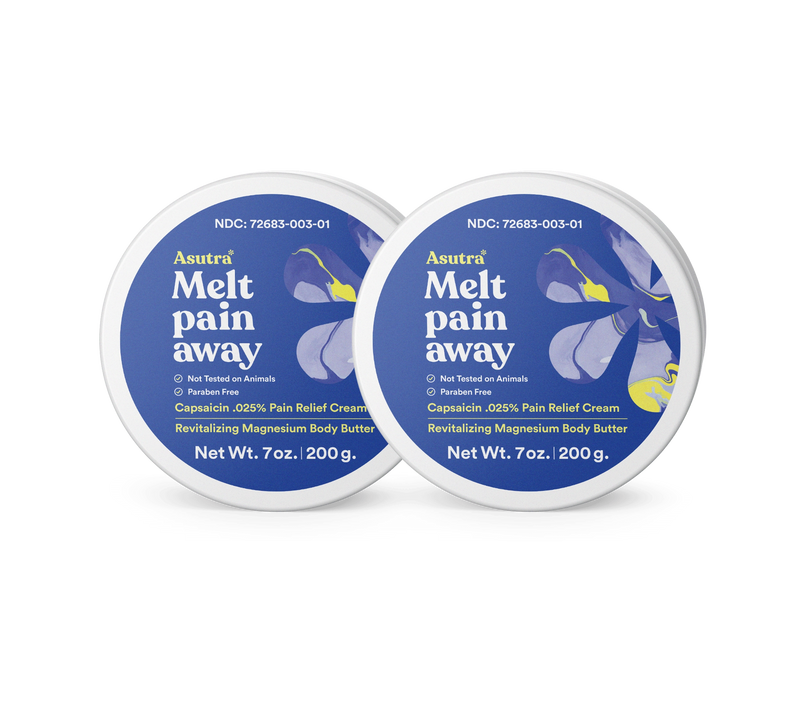 Two containers of Asutra Melt Pain Away Magnesium Body Butter with capsaicin, 7 oz each, featuring blue labels with floral design.