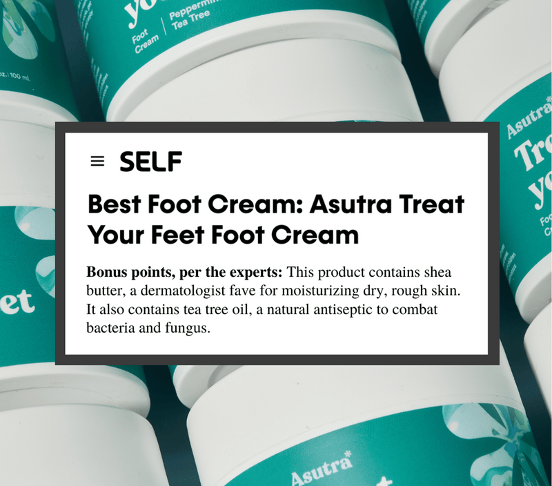 Close-up of multiple jars of Asutra Magnesium Foot Cream with Mint, featuring teal labels and white caps, with a website review overlay.