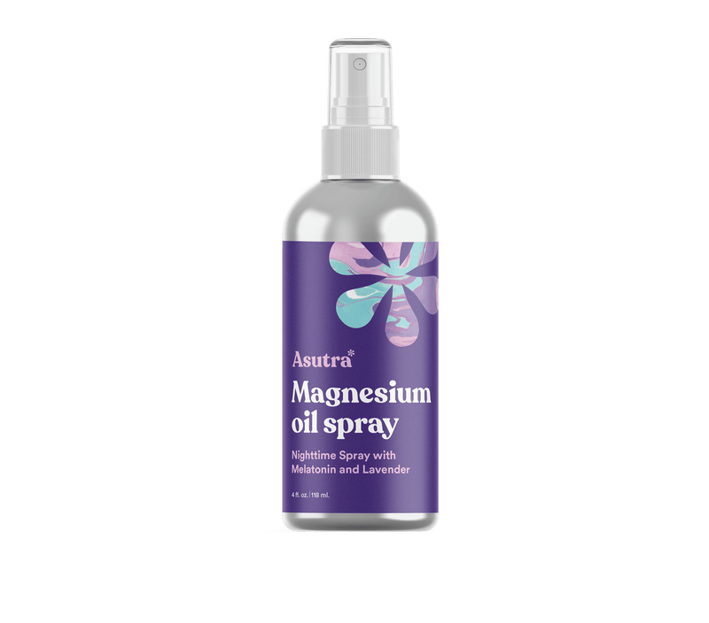 Aluminum spray bottle of Asutra Magnesium Oil Spray with lavender and melatonin, designed for nighttime relaxation and sleep.