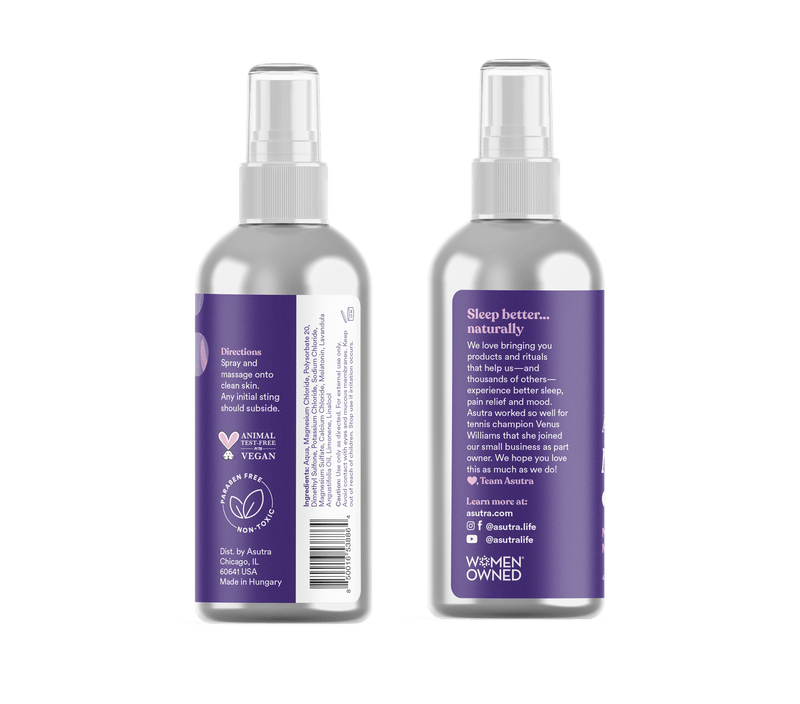 Aluminum spray bottle of magnesium oil with melatonin and lavender, featuring purple label with product details and directions.