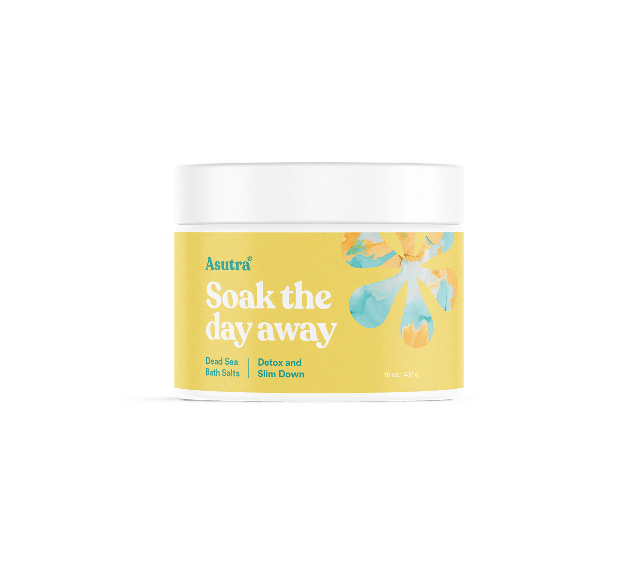 Container of Asutra Detox & Slim Down Bath Salts with a yellow label, floral design, and white lid, promoting relaxation and detoxification.