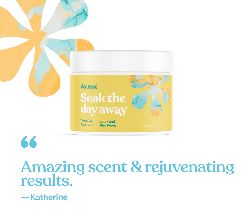 Jar of Asutra Detox & Slim Down Bath Salts with yellow label and floral design, promoting relaxing, rejuvenating bath experiences.