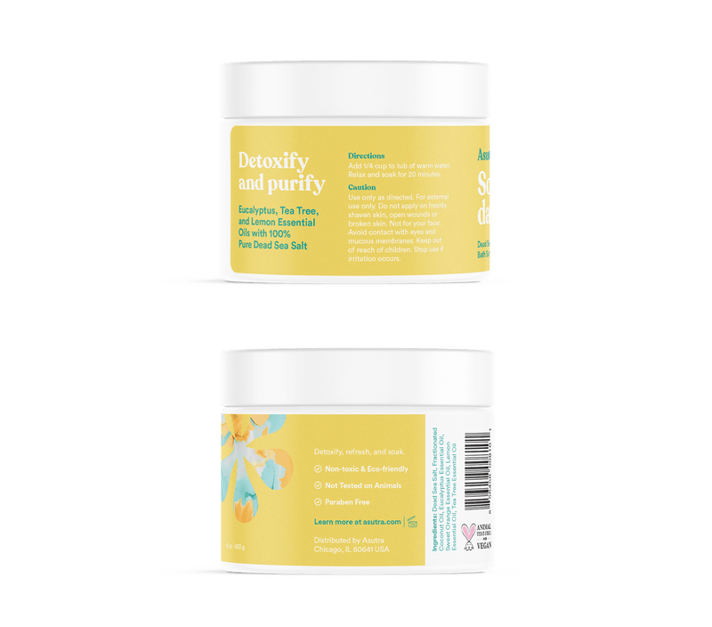 Jar of Detox & Slim Down Bath Salts with lemon, eucalyptus, and tea tree essential oils for detoxifying and relaxing baths.