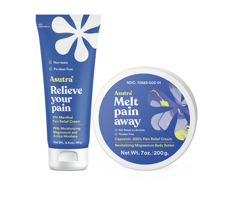 Ultimate Pain Relief Bundle with Asutra Relief cream and Melt pain away body butter, featuring soothing, non-toxic, paraben-free formulas.