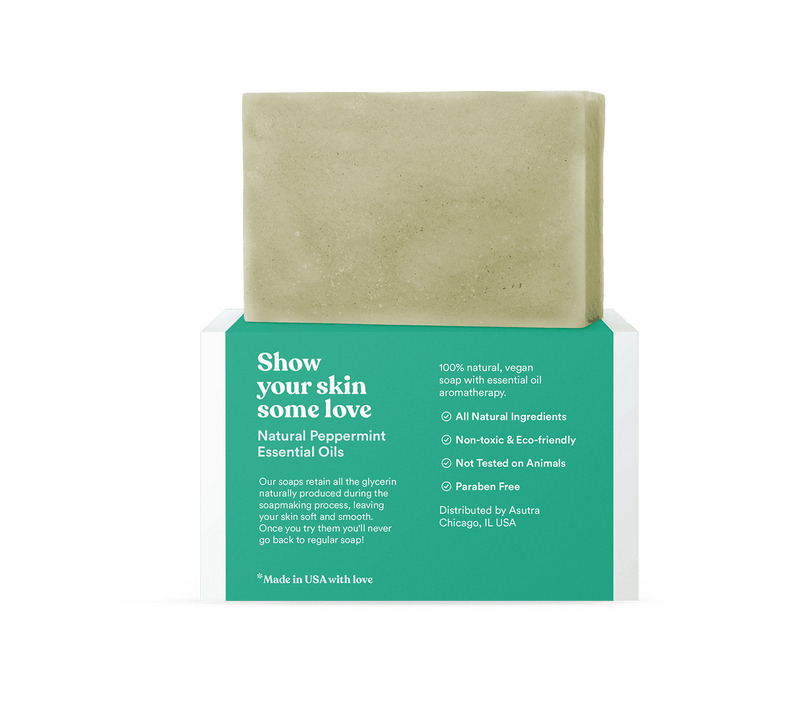 A rectangular, natural green energy bar soap resting on a teal and white box with product details and benefits.