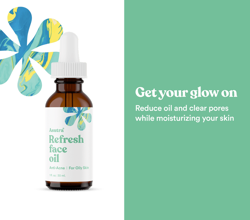 A brown glass bottle of Refresh Face Oil with a white dropper cap, featuring a label with a colorful leaf design, set against a split black and green background.