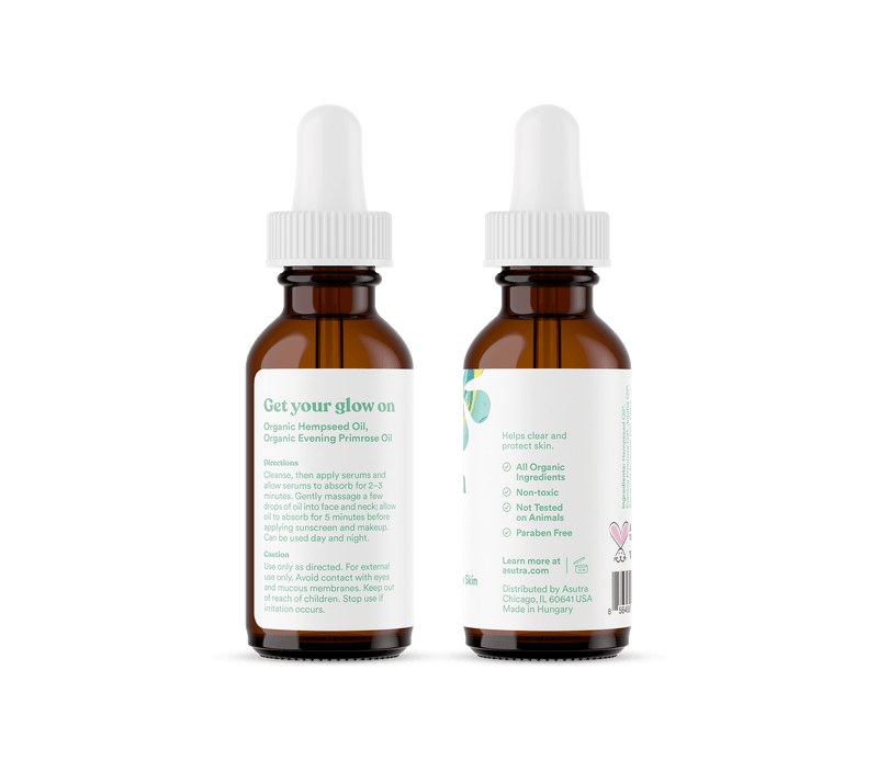 Two amber glass bottles of Refresh Face Oil with white dropper caps, featuring labels with green and pink accents.