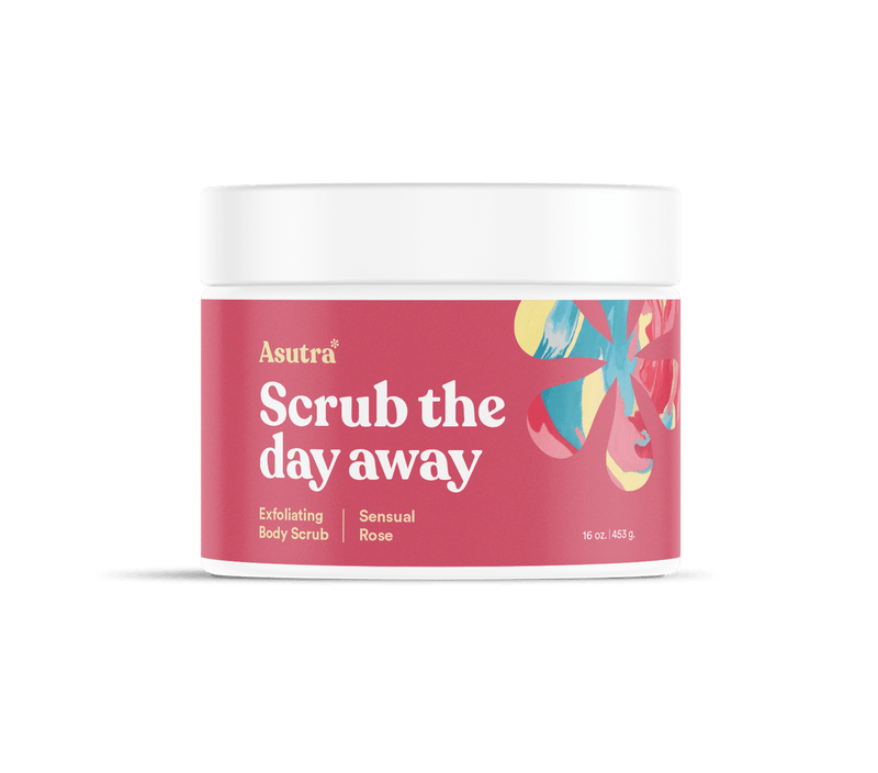 Pink container of Asutra Sensual Rose exfoliating body scrub with colorful floral design on the label.