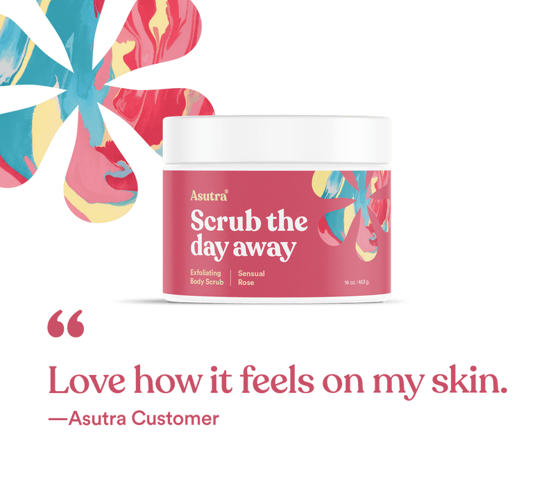 A jar of Asutra Sensual Rose Body Scrub with colorful floral design, accompanied by a customer review: "Love how it feels on my skin.