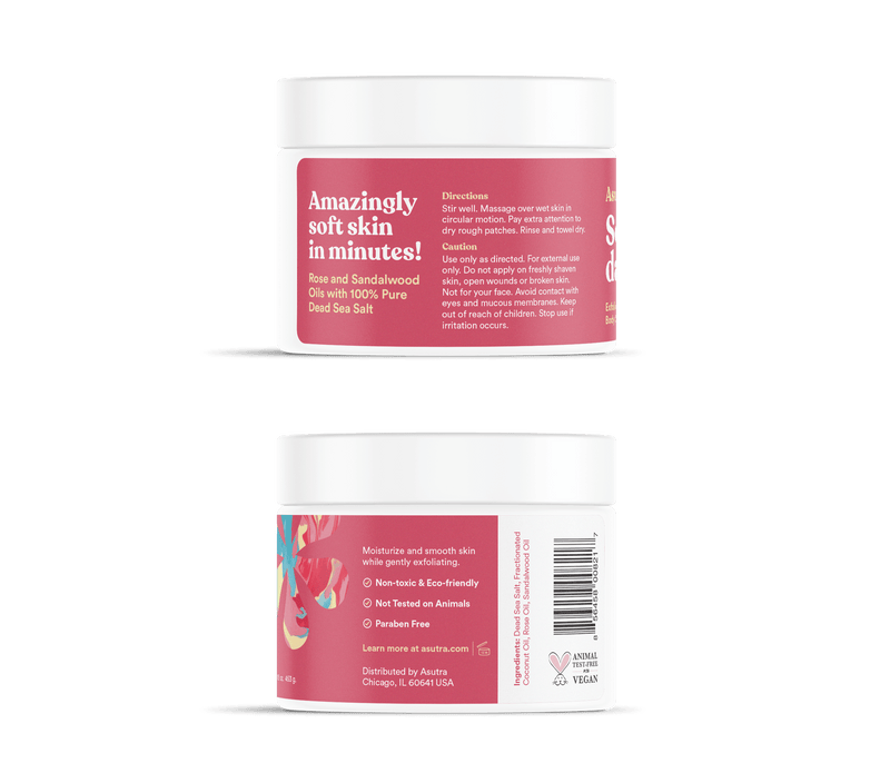 Jar of Sensual Rose Body Scrub with pink label, featuring rose and sandalwood oils, designed for exfoliating and moisturizing skin.