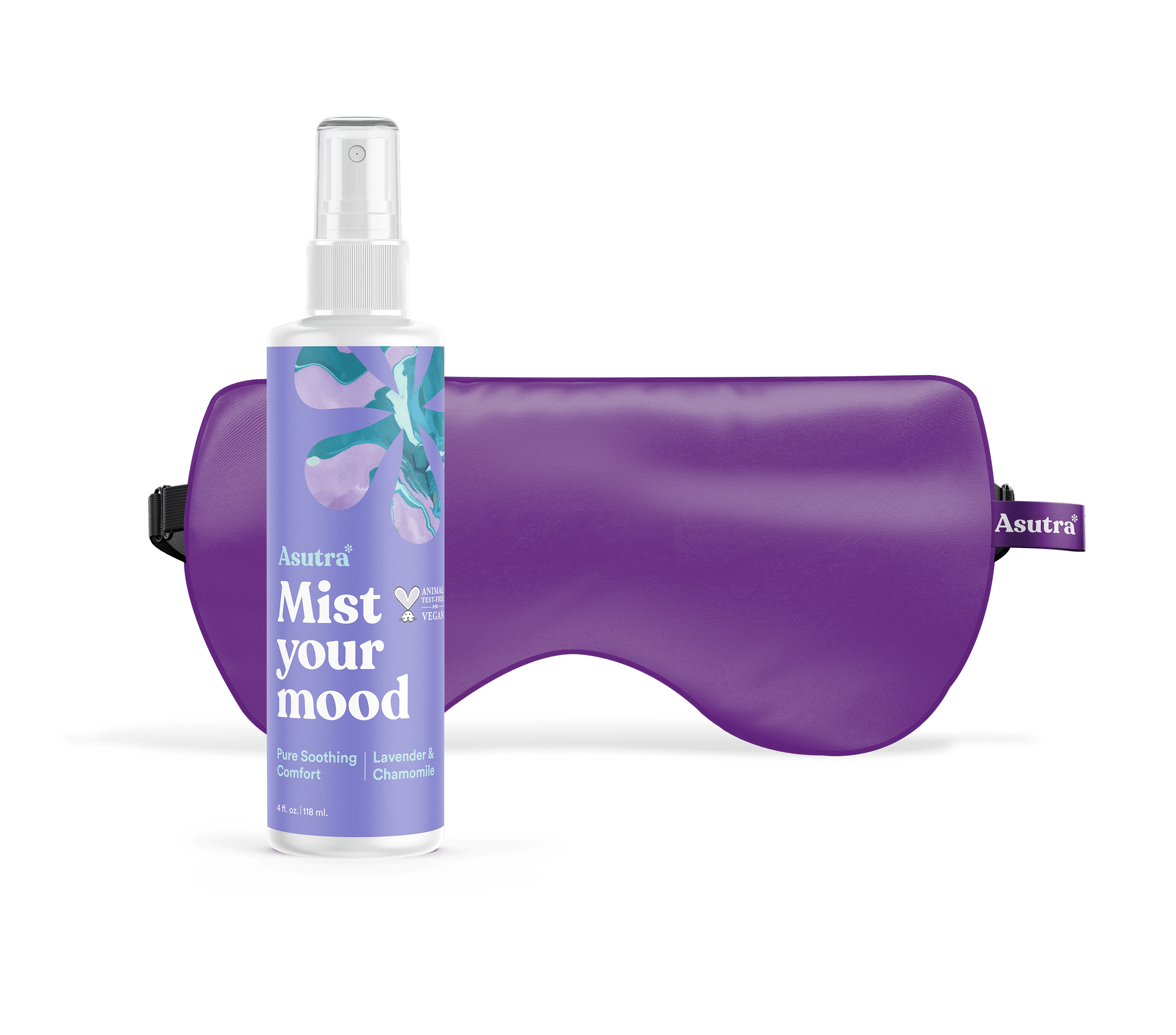 Purple eye pillow with Asutra lavender mist spray bottle labeled "Mist your mood" against a matching purple travel pouch.