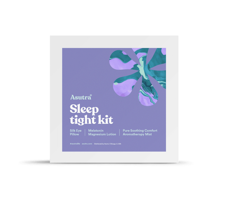 Packaging of the Sleep Tight Kit featuring a purple background, a stylized leaf design, and product details for sleep aids.