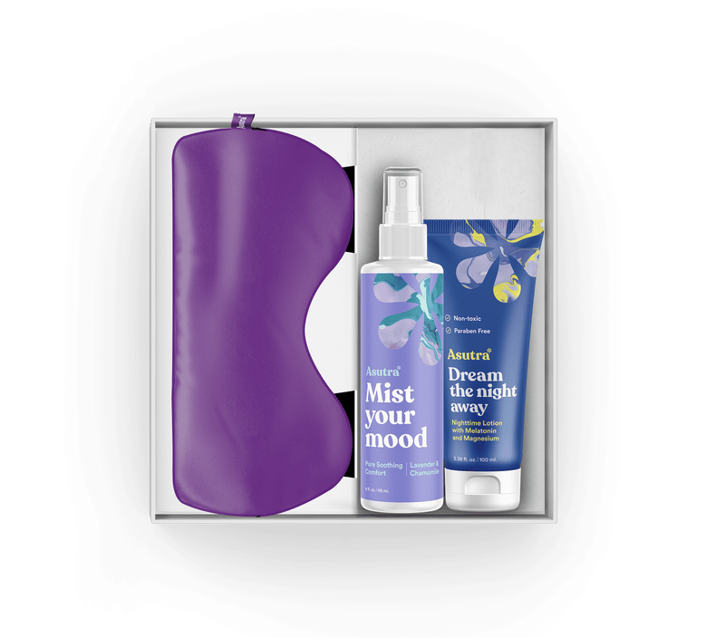 A sleep aid kit includes a purple sleep mask, a spray bottle labeled "Mist your mood," and a tube of "Dream the night away" lotion with calming ingredients.