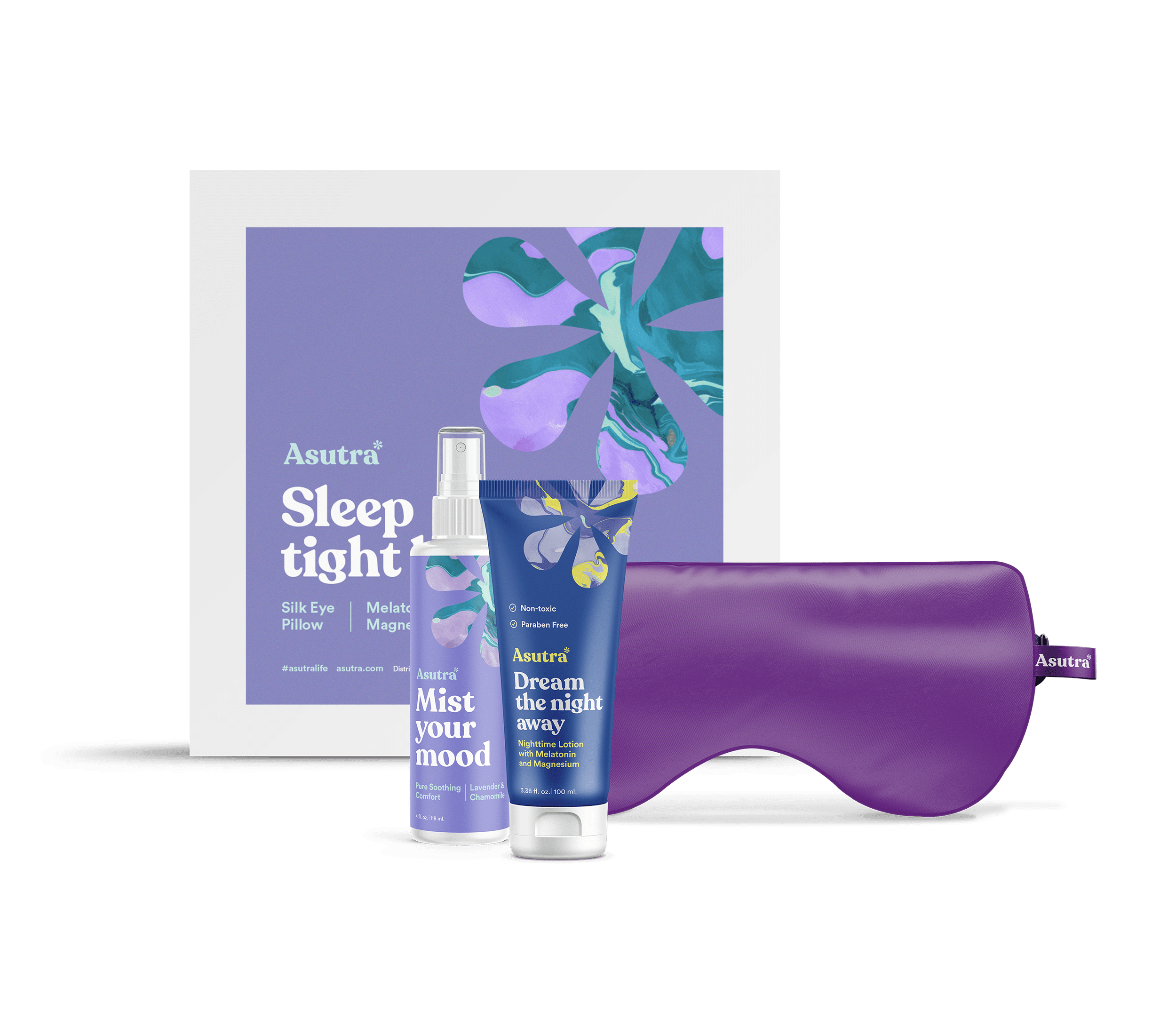 A sleep kit including a purple eye mask, a mist spray bottle, a lotion tube, and a box labeled "Sleep Tight" with a purple and green abstract design.