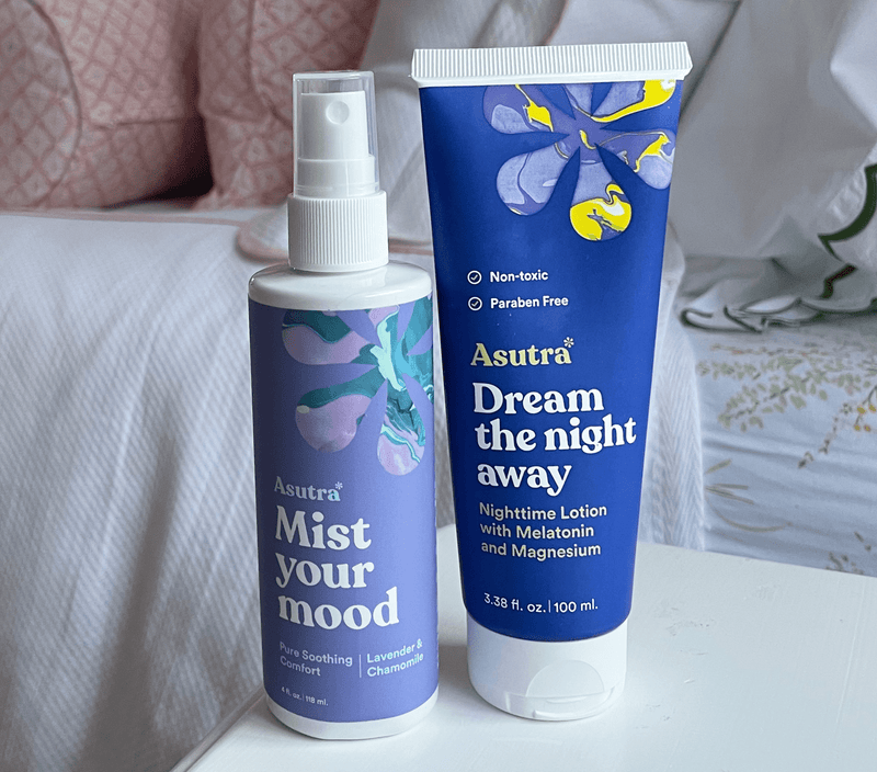 Sleep Tight Kit with lavender mist spray and nighttime lotion with melatonin, designed for soothing sleep.