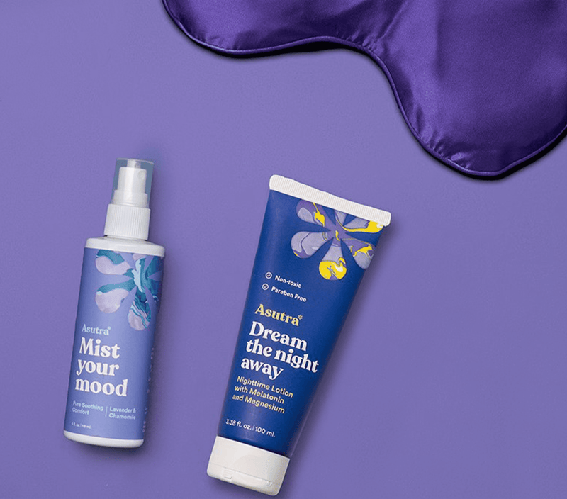 Sleep Tight Kit featuring lavender mist spray and nighttime lotion with melatonin, set on a purple background.