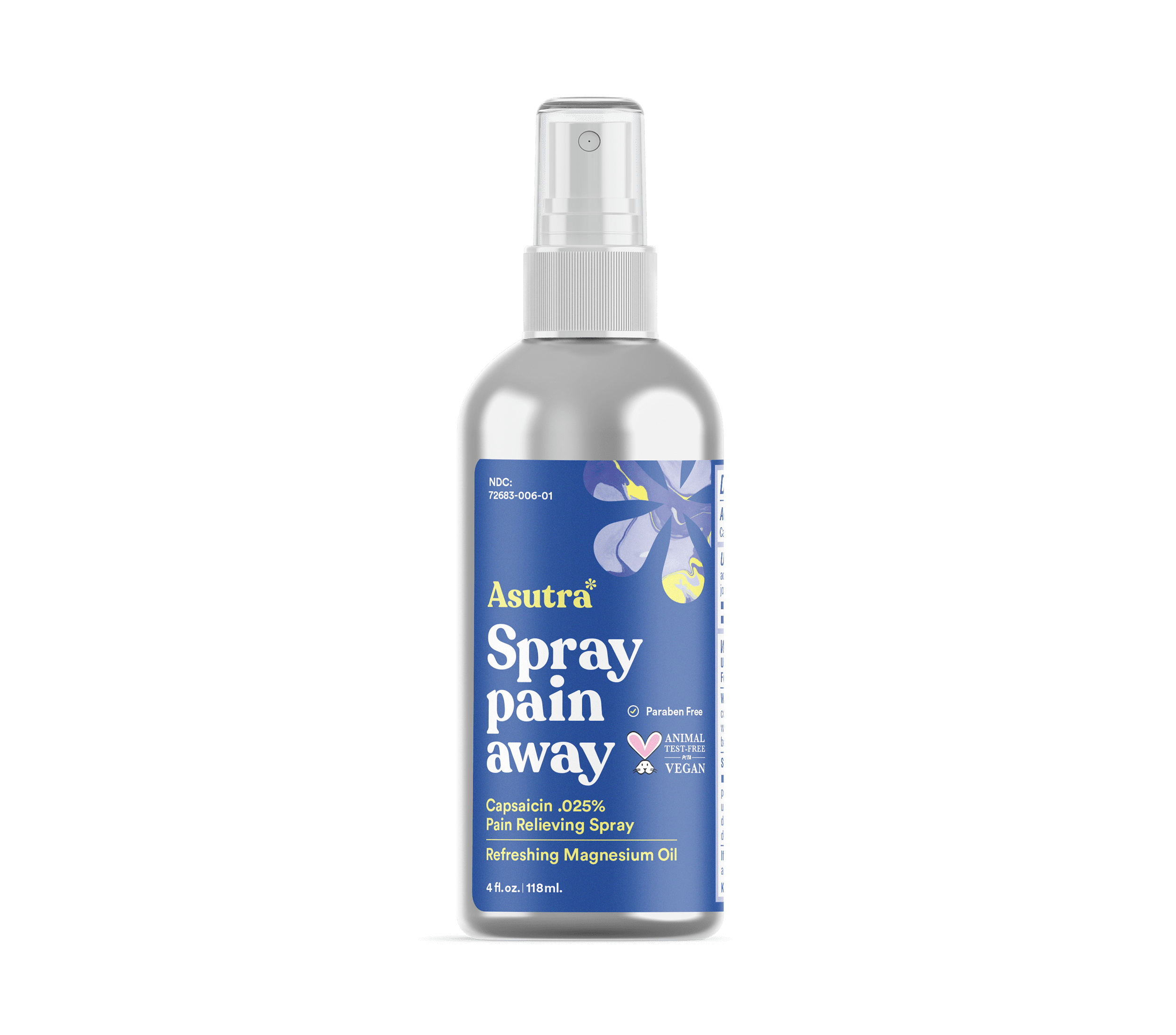 Aluminum magnesium oil spray with capsaicin, labeled as pain relief, refreshing magnesium oil, paraben-free, vegan, 4 fl oz (118 ml).