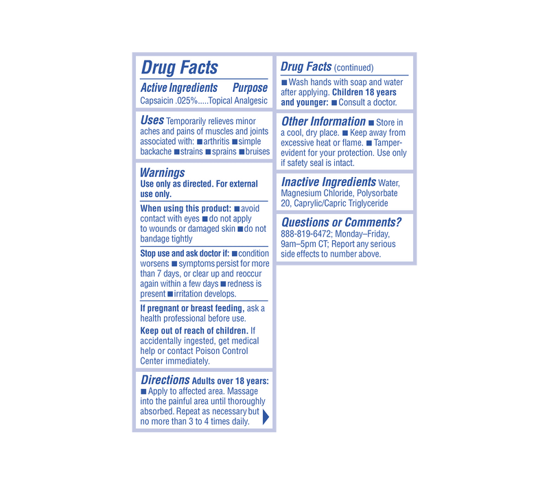 Label with drug facts for aluminum magnesium oil spray with capsaicin, including ingredients, uses, warnings, and directions.