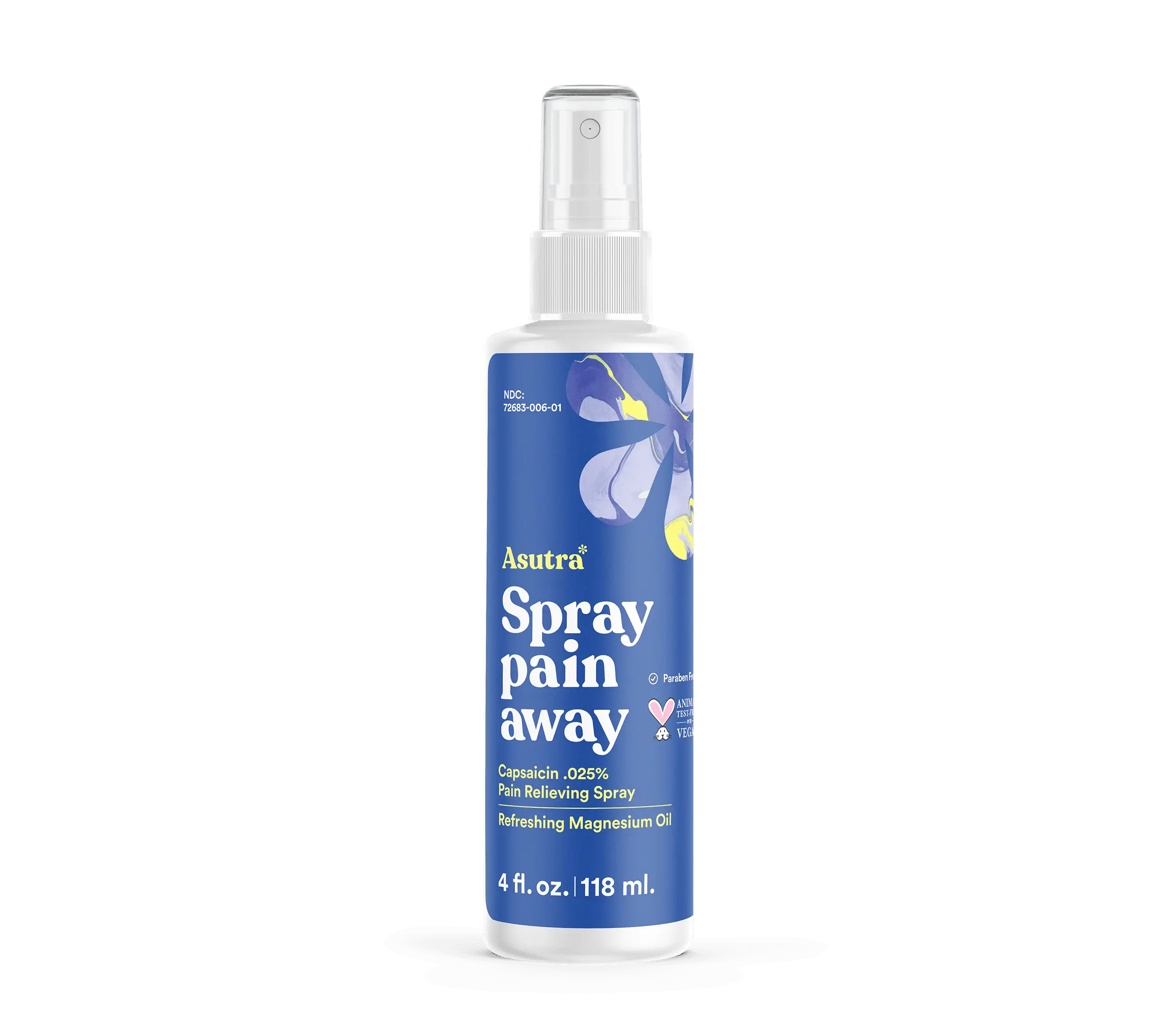 A white spray bottle labeled "Asutra Spray Pain Away" with a blue and yellow floral design, containing magnesium oil with capsaicin.