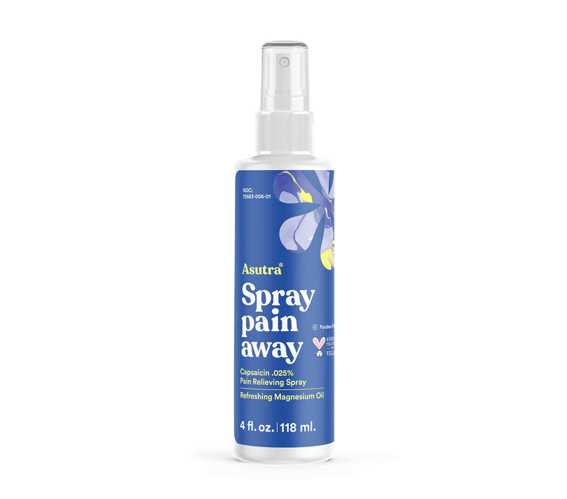 A white spray bottle labeled "Asutra Spray Pain Away" with a blue and yellow floral design, containing magnesium oil with capsaicin.