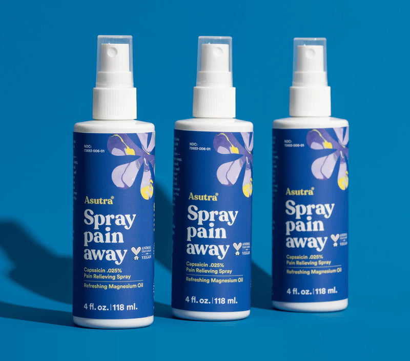 Three bottles of Asutra Magnesium Oil Spray with Capsaicin, labeled as pain relief and refreshing magnesium oil, on a blue background.
