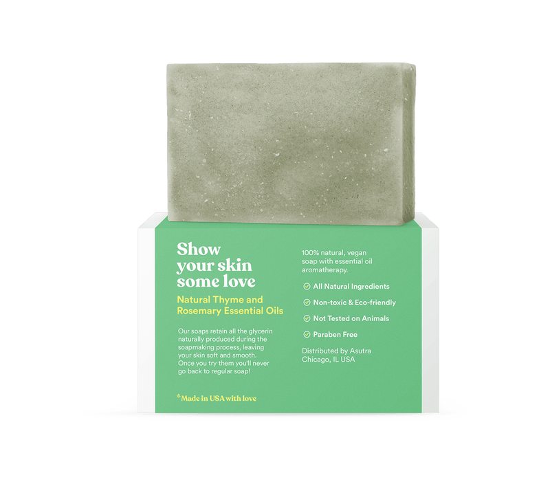 Natural green detox bar soap with essential oils, displayed on a green and white packaging box, promoting skin love and eco-friendly ingredients.