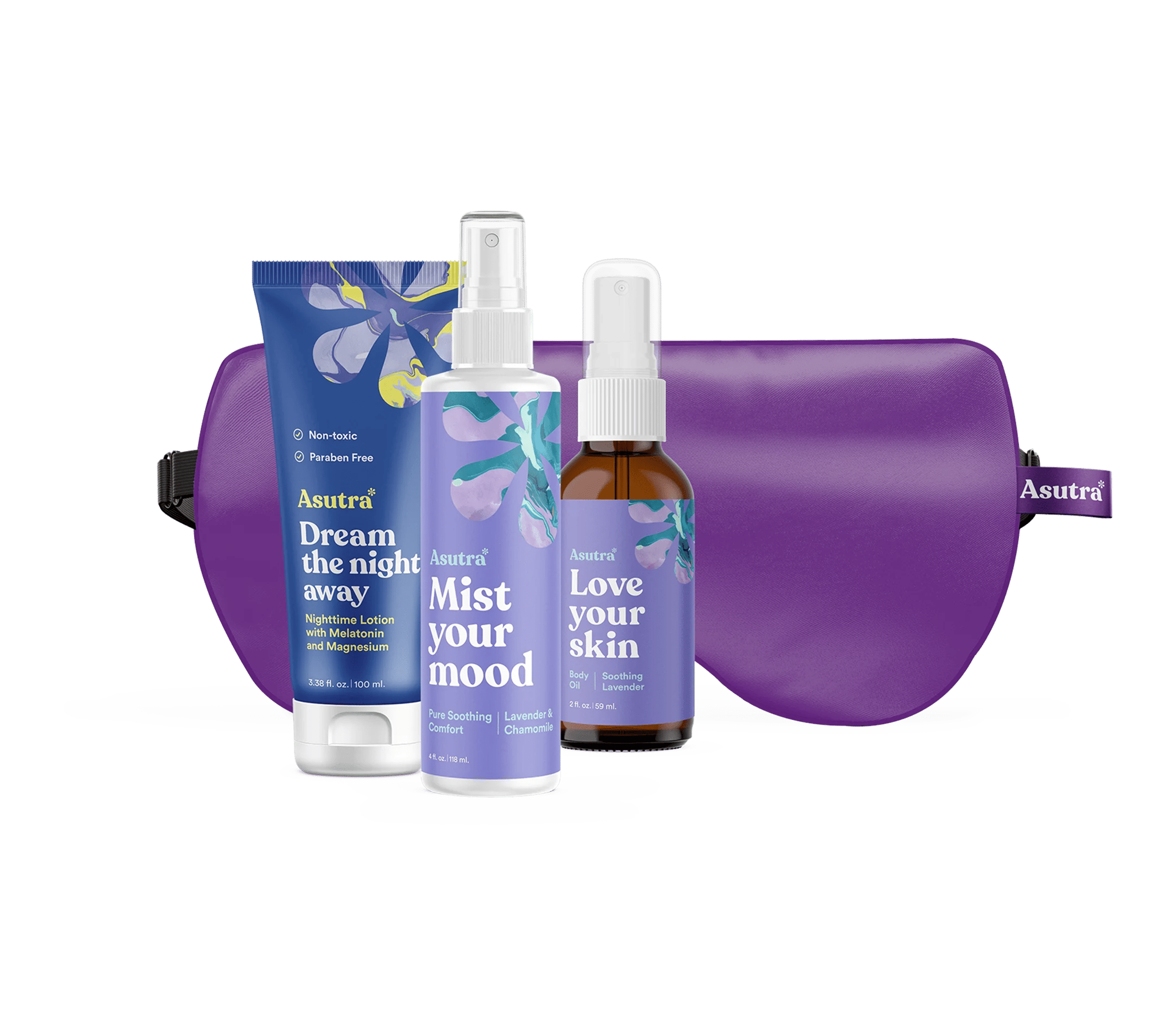 Ultimate Sleep Bundle with purple eye pillow, lavender body oil, mist spray, and a purple travel bag.