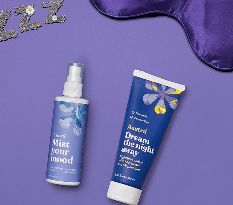 The Ultimate Sleep Bundle includes a purple eye pillow, lavender mist spray, nighttime lotion, and lavender body oil on a purple background.